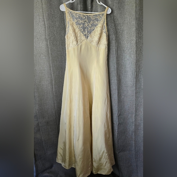 Vtg Y2k Scene Gold Sheer Top Square Neck Prom Dress Gown Size 9/10 - Picture 1 of 7